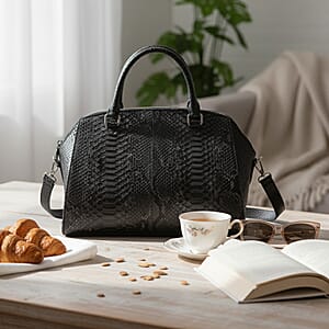 The Grand Pelle Handcrafted Black Genuine Python Leather Satchel Bag with Shoulder Strap