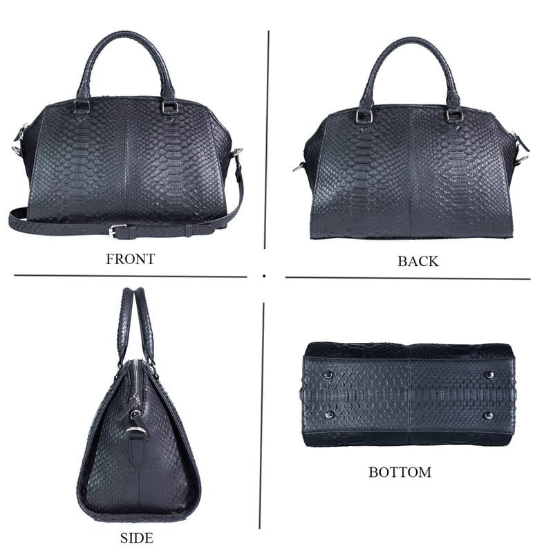 The Grand Pelle Handcrafted Black Genuine Python Leather Satchel Bag with Shoulder Strap