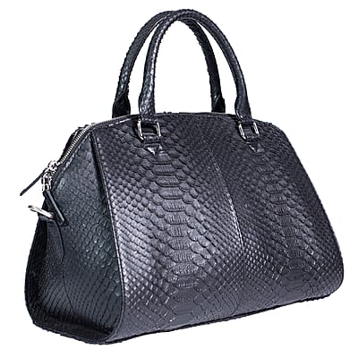 The Grand Pelle Handcrafted Black Genuine Python Leather Satchel Bag with Shoulder Strap