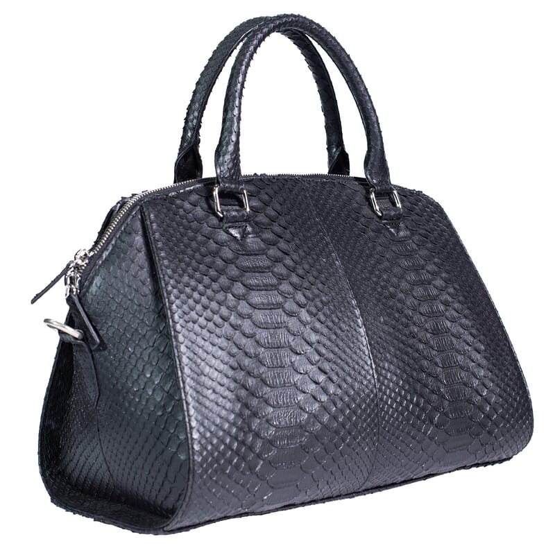 The Grand Pelle Handcrafted Black Genuine Python Leather Satchel Bag with Shoulder Strap