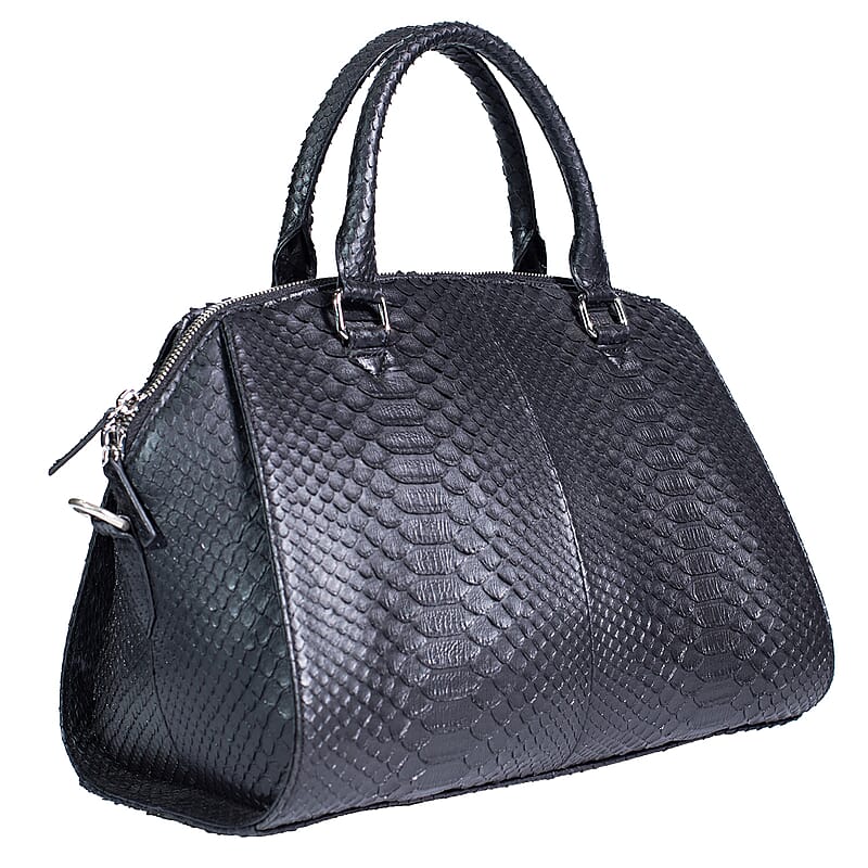 The Grand Pelle Handcrafted Black Genuine Python Leather Satchel Bag with Shoulder Strap