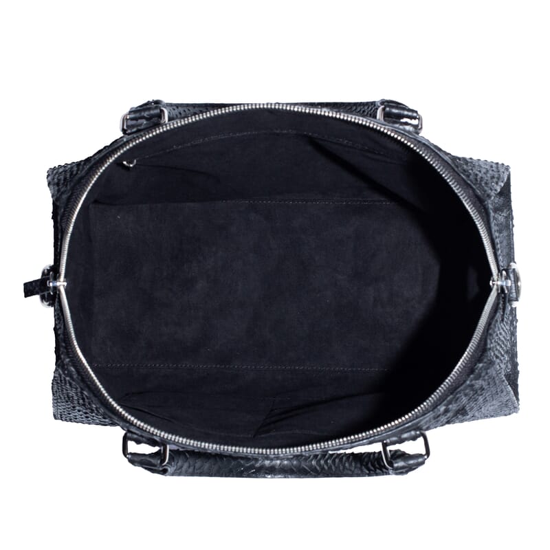 The Grand Pelle Handcrafted Black Genuine Python Leather Satchel Bag with Shoulder Strap