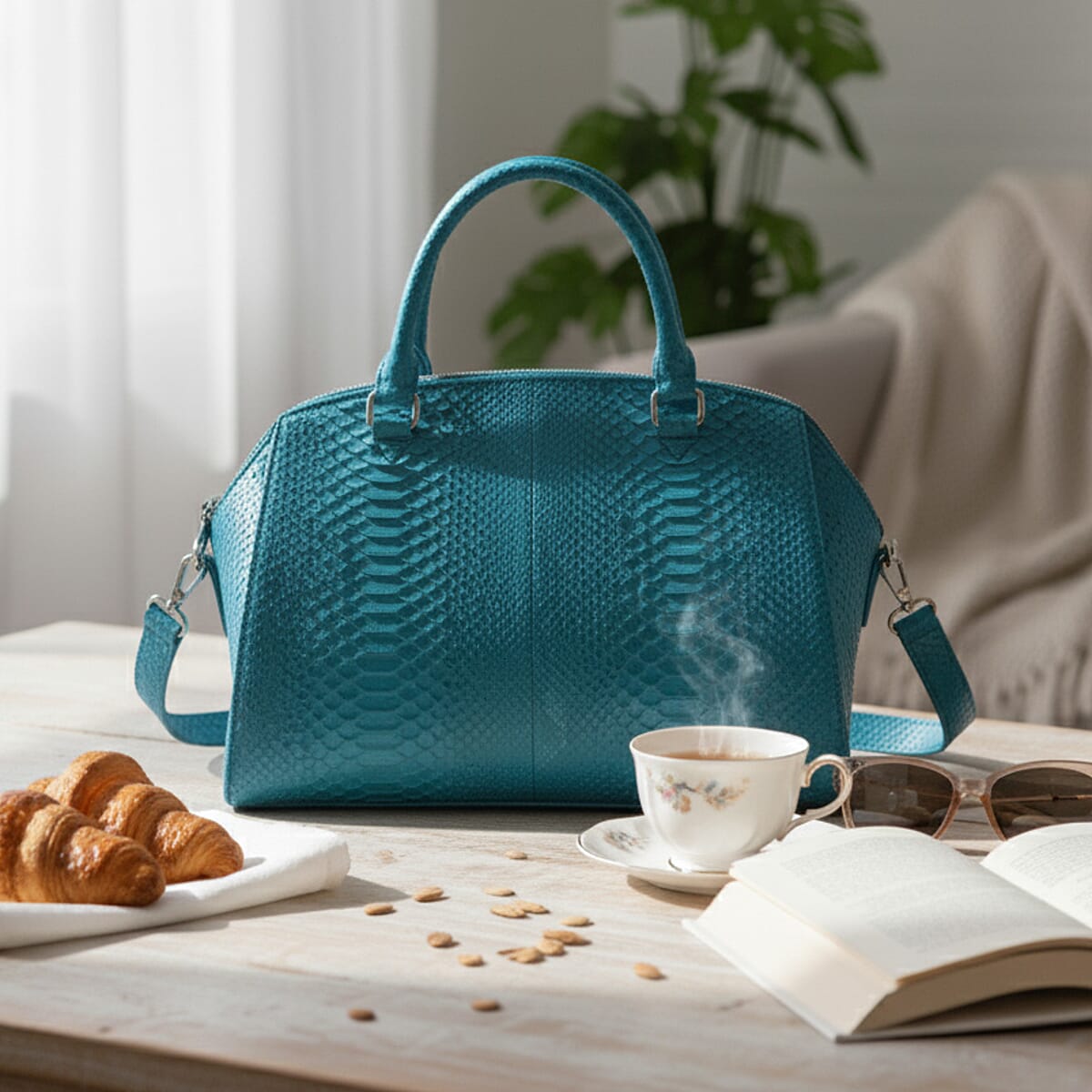 The Grand Pelle Handcrafted Blue Genuine Python Leather Satchel Bag with Shoulder Strap image number 1