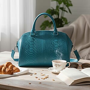 The Grand Pelle Handcrafted Blue Genuine Python Leather Satchel Bag with Shoulder Strap