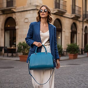 The Grand Pelle Handcrafted Blue Genuine Python Leather Satchel Bag with Shoulder Strap