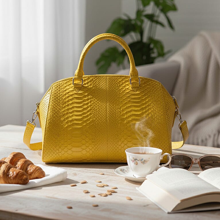 The Grand Pelle Handcrafted Yellow Genuine Python Leather Satchel Bag with Shoulder Strap