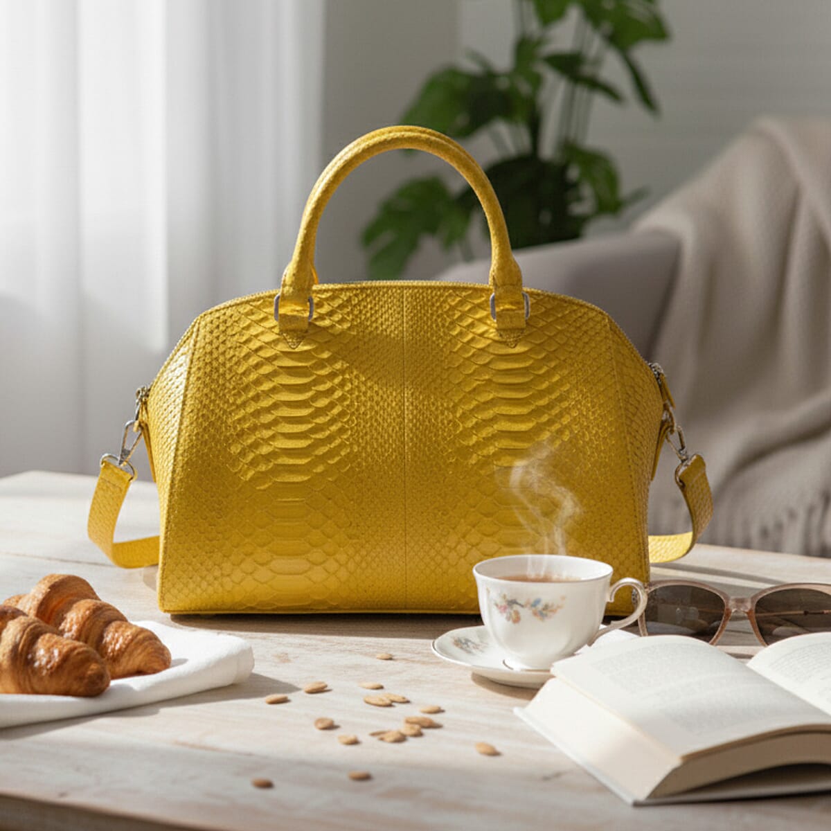 The Grand Pelle Handcrafted Yellow Genuine Python Leather Satchel Bag with Shoulder Strap image number 1