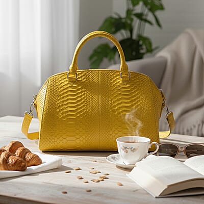 The Grand Pelle Handcrafted Yellow Genuine Python Leather Satchel Bag with Shoulder Strap