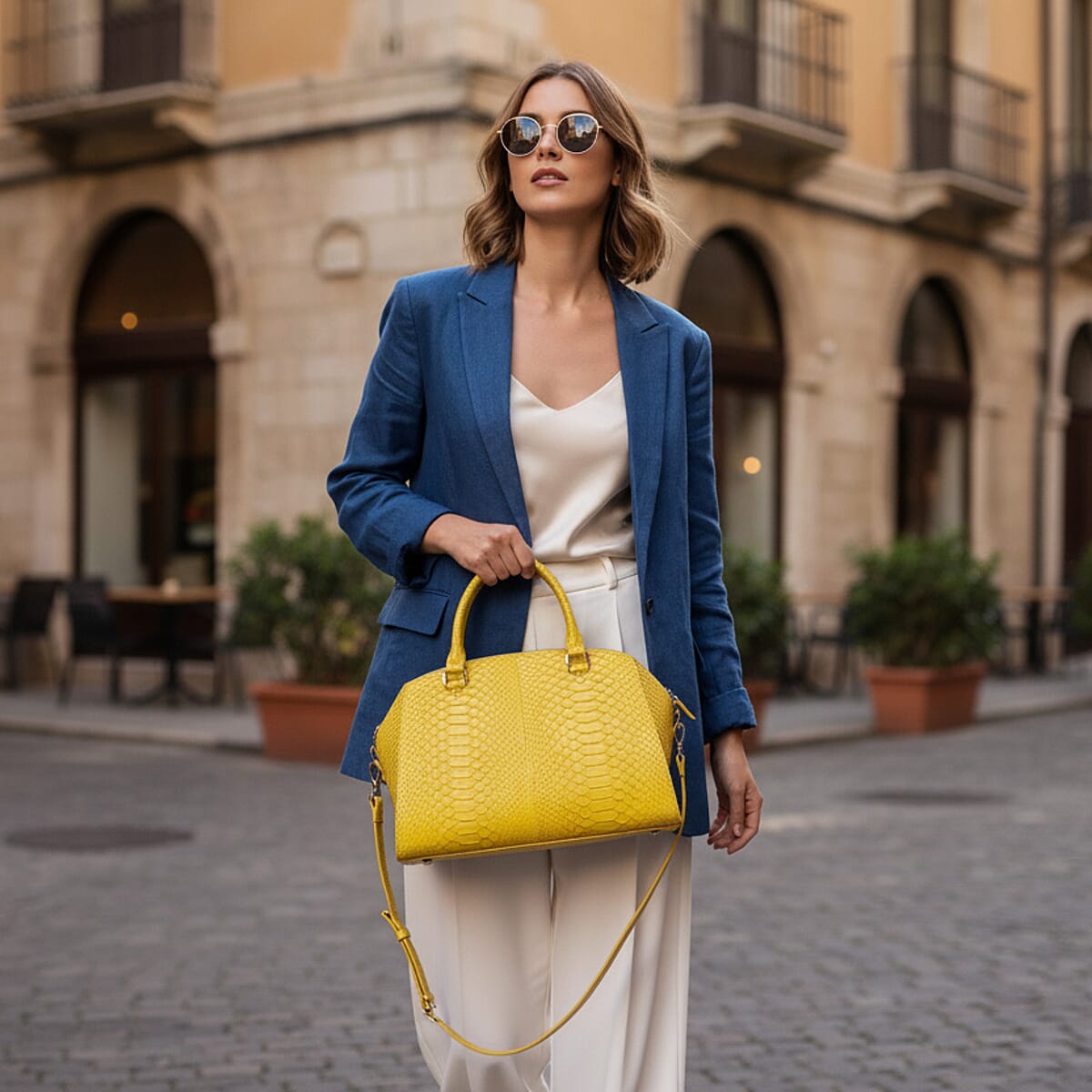 The Grand Pelle Handcrafted Yellow Genuine Python Leather Satchel Bag with Shoulder Strap image number 2