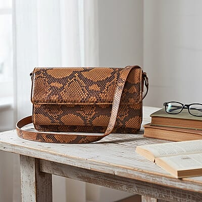 Grand Pelle Camel Genuine Python Leather Shoulder Flap Bag