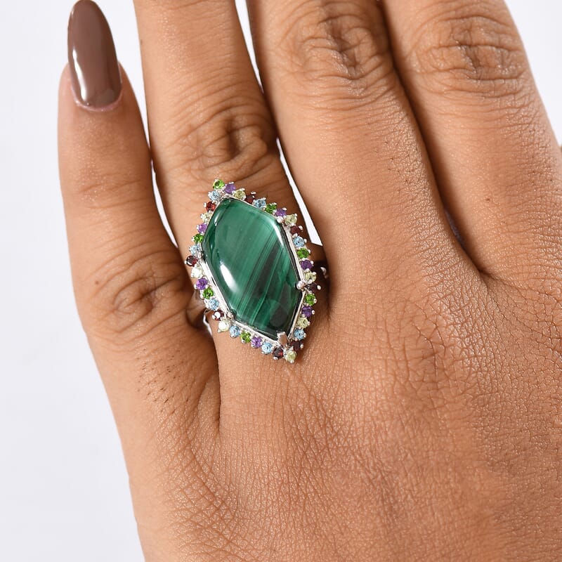 EverTrue African Malachite, Multi Gemstone Ring in Platinum Bond 13.90 ctw (Size 10.0)