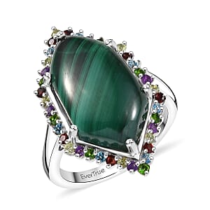 EverTrue African Malachite and Multi Gemstone 13.90 ctw Celestial Halo Ring in Platinum Bond (Size 11.0)