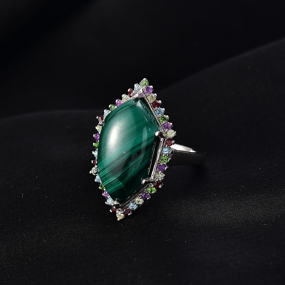 EverTrue African Malachite and Multi Gemstone 13.90 ctw Celestial Halo Ring in Platinum Bond (Size 11.0) image number 1