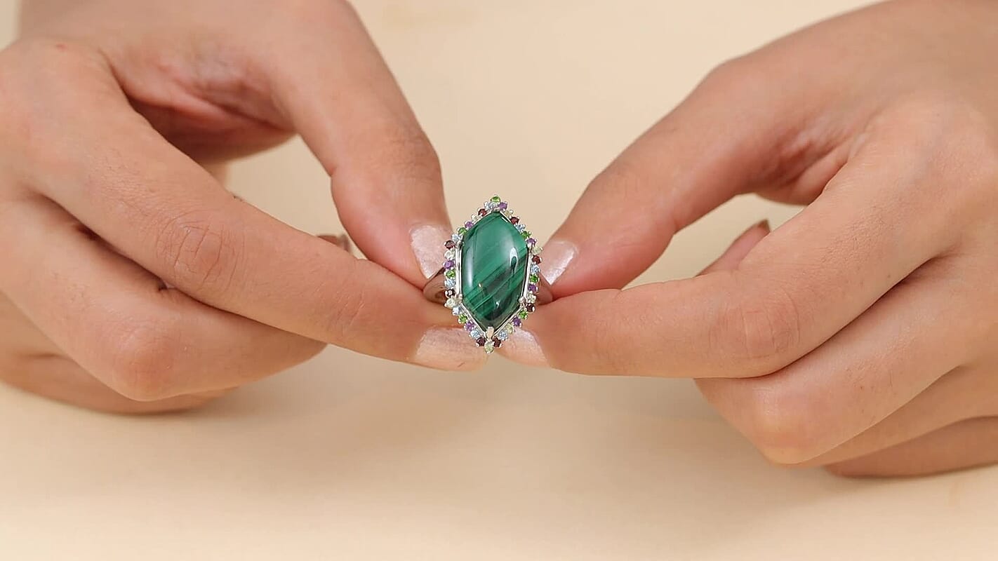 EverTrue African Malachite, Multi Gemstone Ring in Platinum Bond (Size 10.0) 13.90 ctw