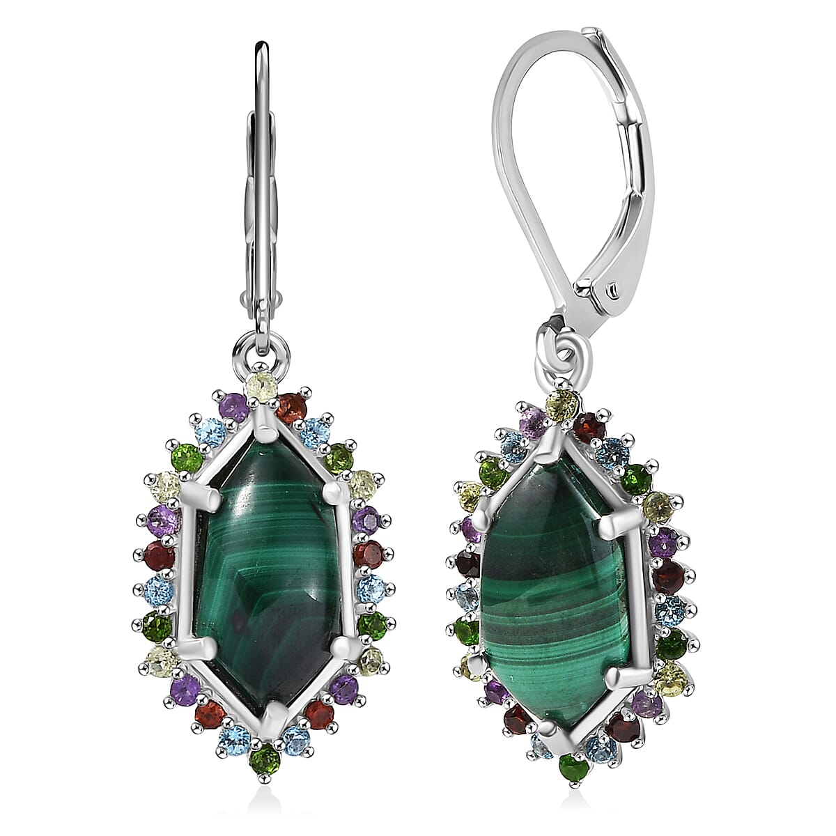 EverTrue African Malachite and Multi Gemstone 8.50 ctw Celestial Halo Earrings in Platinum Bond image number 0