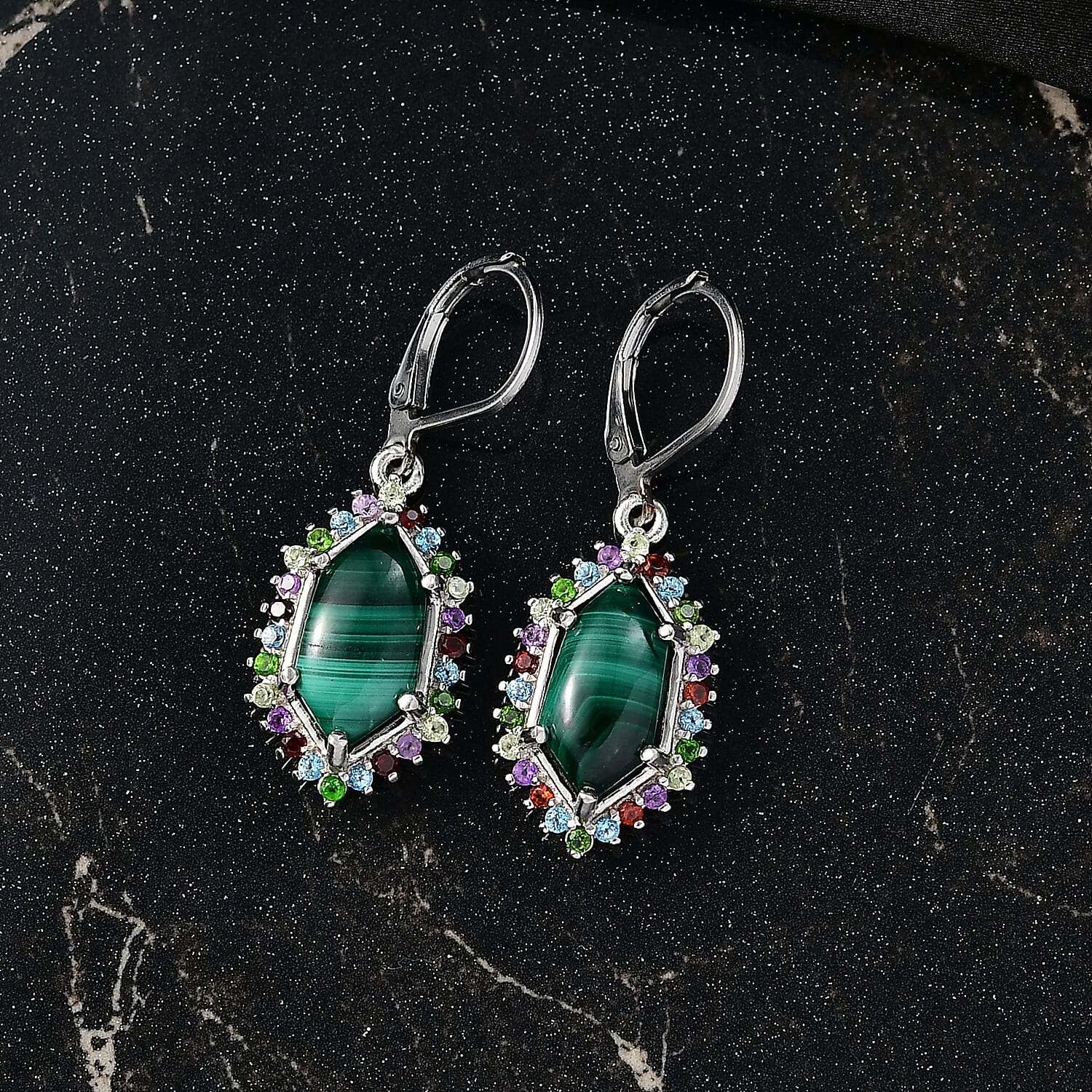 EverTrue African Malachite and Multi Gemstone 8.50 ctw Celestial Halo Earrings in Platinum Bond