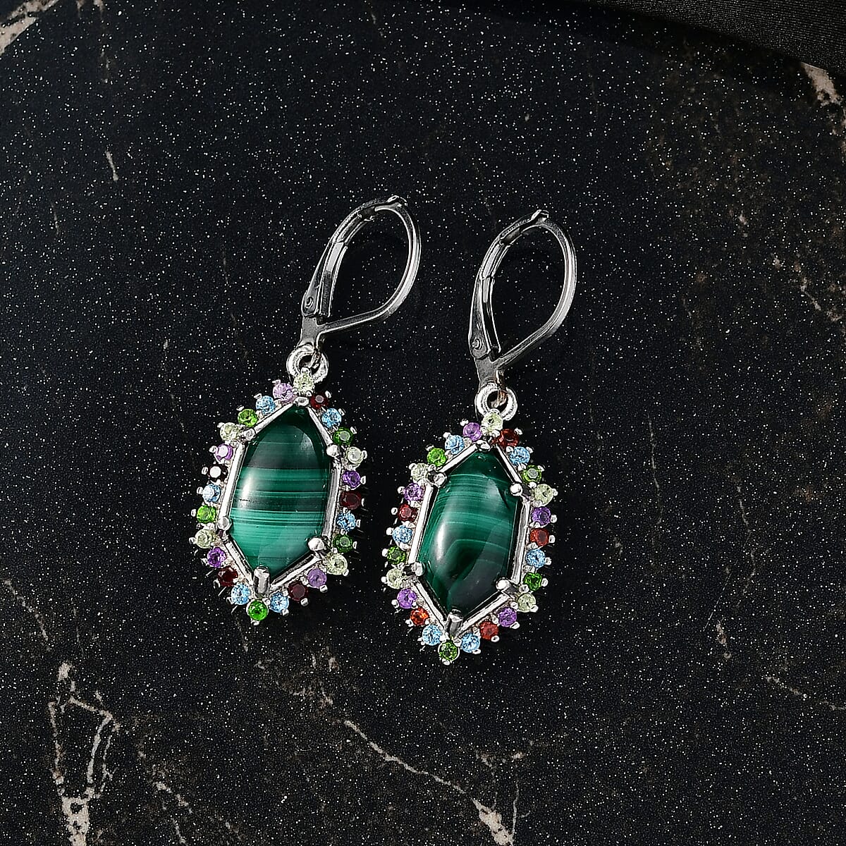 EverTrue African Malachite and Multi Gemstone 8.50 ctw Celestial Halo Earrings in Platinum Bond image number 1