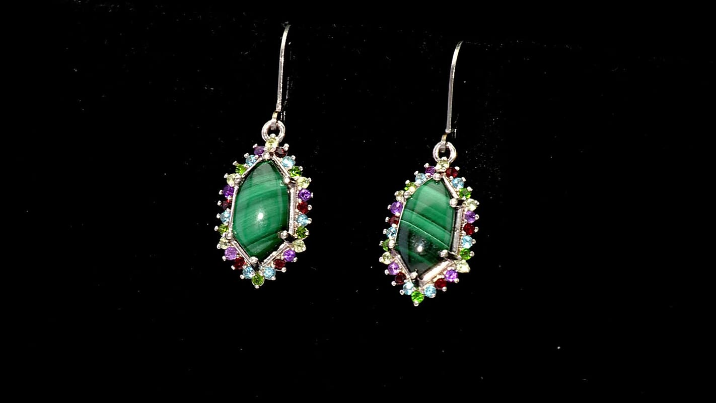EverTrue African Malachite and Multi Gemstone 8.50 ctw Celestial Halo Earrings in Platinum Bond