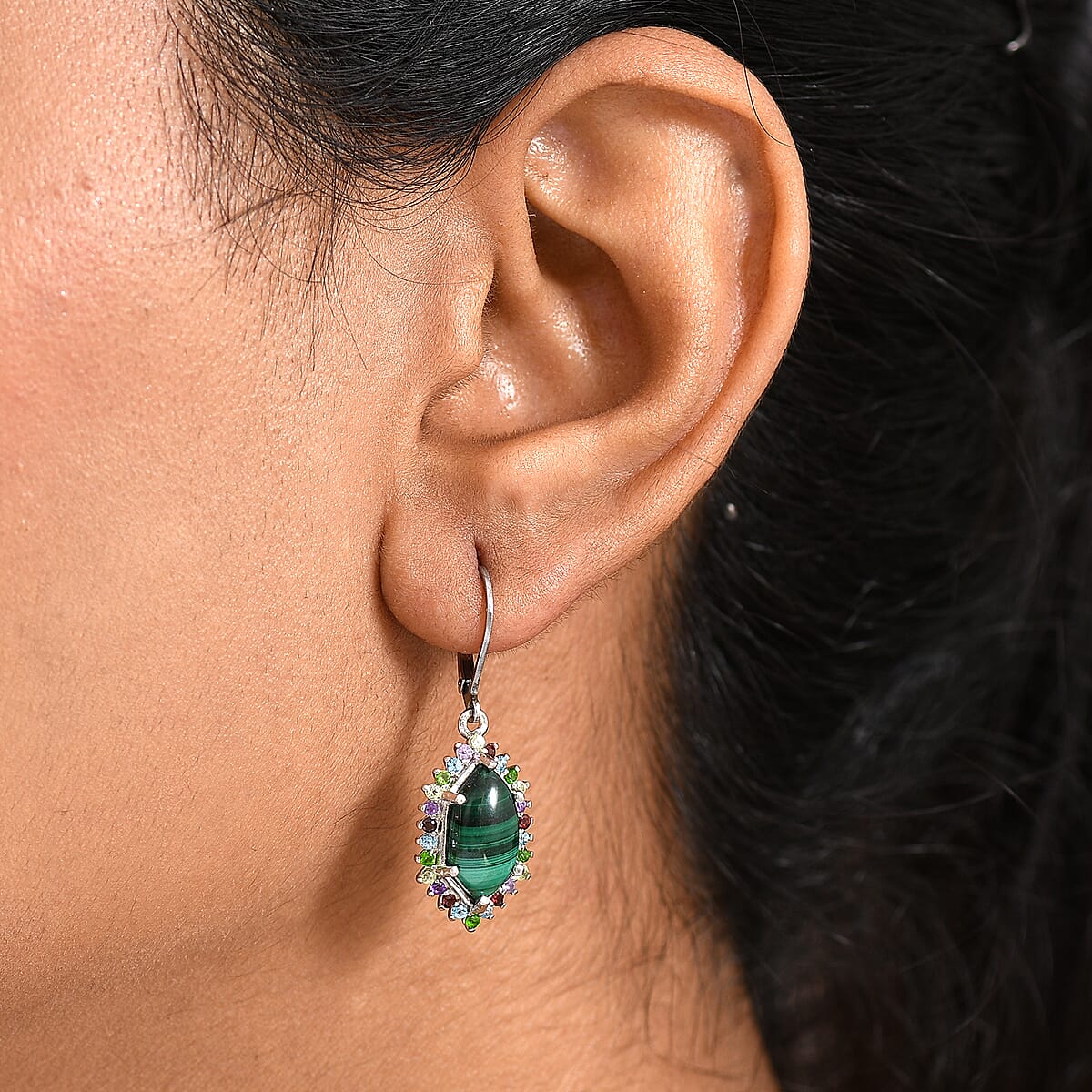 EverTrue African Malachite and Multi Gemstone 8.50 ctw Celestial Halo Earrings in Platinum Bond image number 2