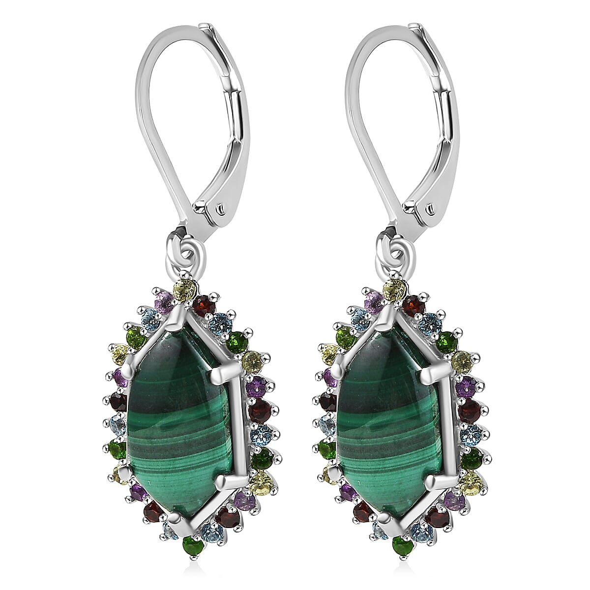EverTrue African Malachite and Multi Gemstone 8.50 ctw Celestial Halo Earrings in Platinum Bond