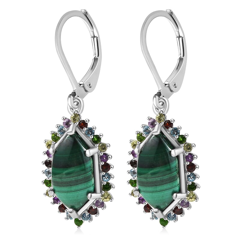 EverTrue African Malachite and Multi Gemstone 8.50 ctw Celestial Halo Earrings in Platinum Bond