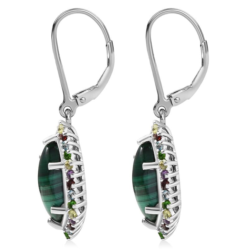 EverTrue African Malachite and Multi Gemstone 8.50 ctw Celestial Halo Earrings in Platinum Bond