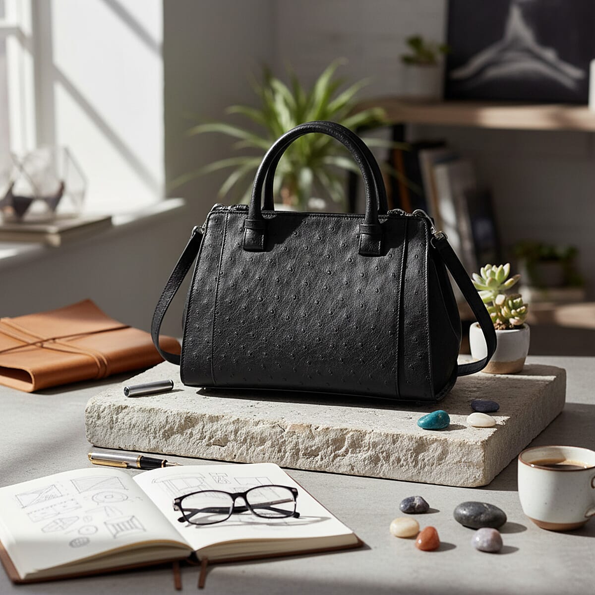 Doorbuster Grand Pelle Black Genuine Ostrich Leather Tote Bag image number 1