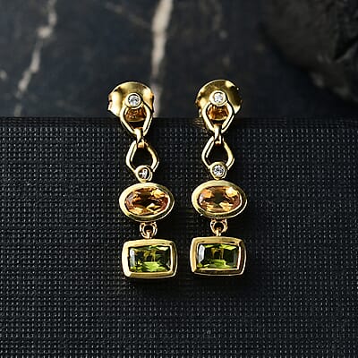 D'Joy Premium Hebei Peridot, Brazilian Citrine and White Zircon 2.50 ctw Earrings in 18K YG Plated Sterling Silver