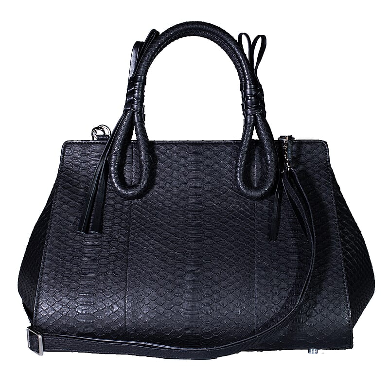 Grand Pelle Black Snakeskin Embossed Genuine Python Leather Tote Bag