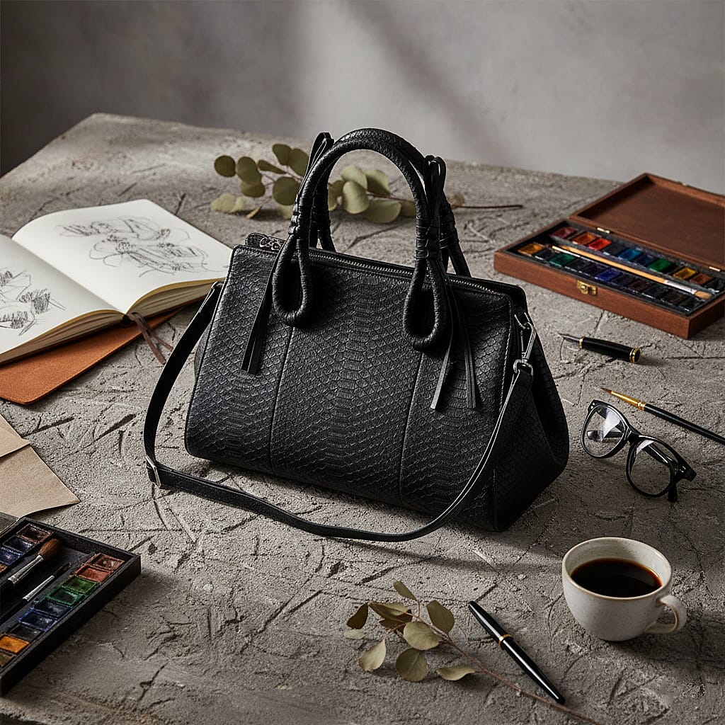 Grand Pelle Black Snakeskin Embossed Genuine Python Leather Tote Bag
