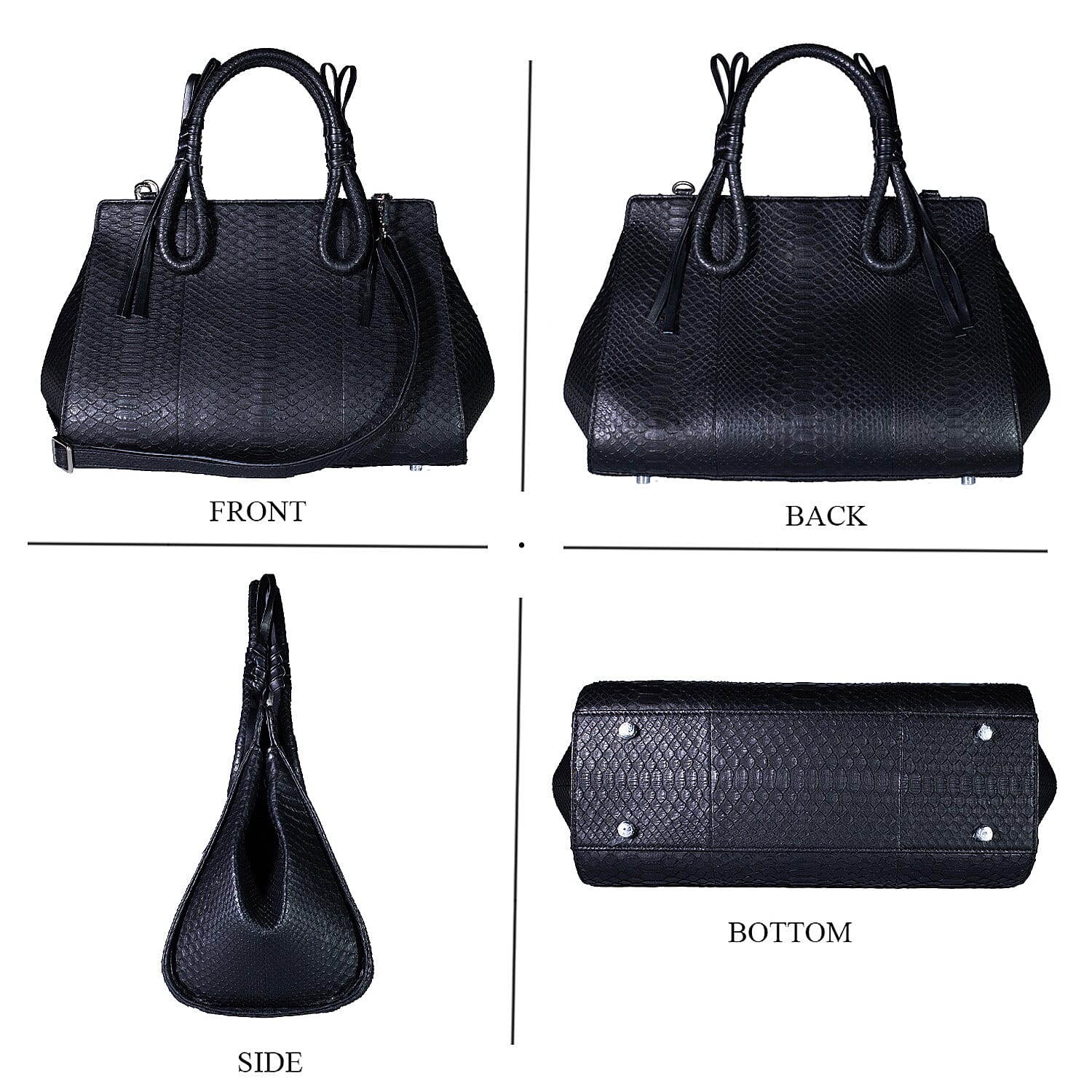Grand Pelle Black Snakeskin Embossed Genuine Python Leather Tote Bag