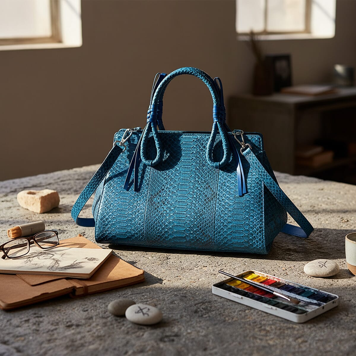 Grand Pelle Blue Genuine Python Leather Tote Bag image number 1