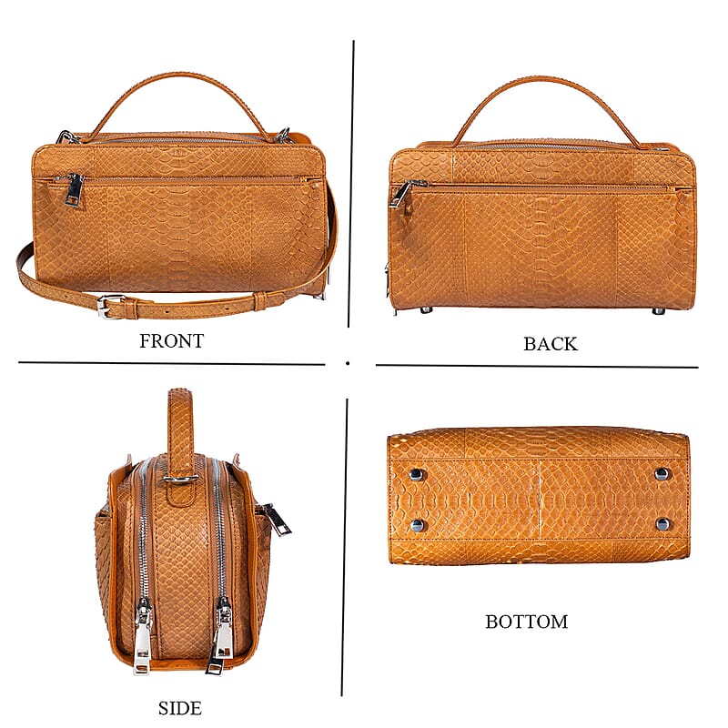 The Grand Pelle Handcrafted Camel Genuine Python Leather Bag with Shoulder Strap