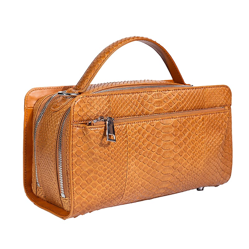 The Grand Pelle Handcrafted Camel Genuine Python Leather Bag with Shoulder Strap