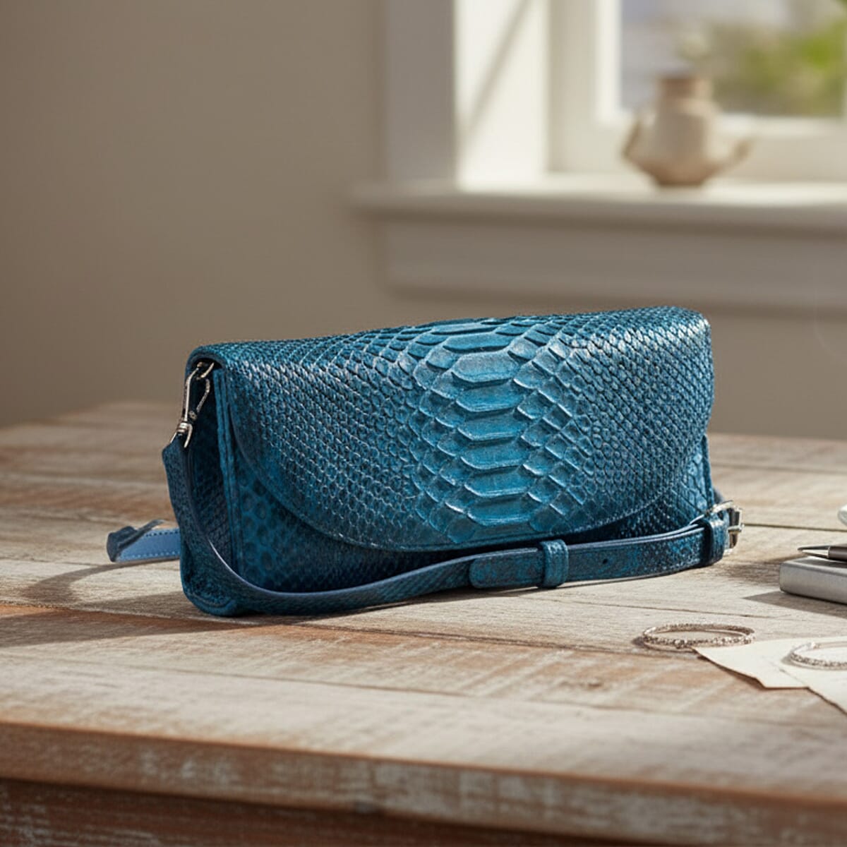 The Grand Pelle Handcrafted Blue Genuine Python Leather Crossbody Clutch Bag with Shoulder Strap image number 1