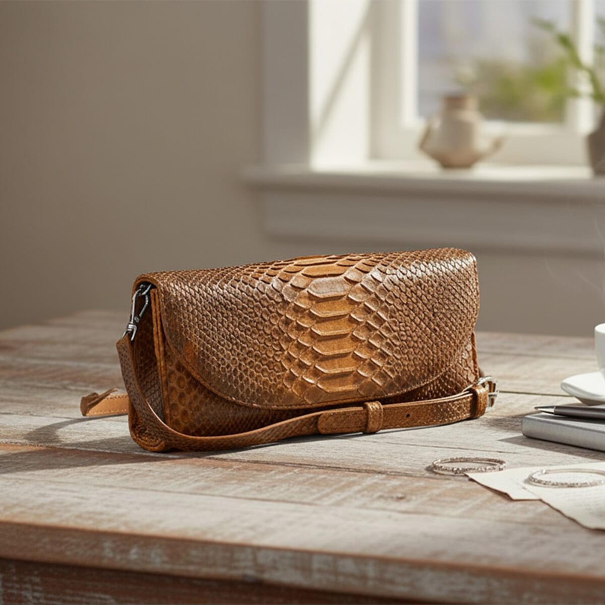 The Grand Pelle Handcrafted Camel Genuine Python Leather Crossbody Clutch Bag with Shoulder Strap image number 1