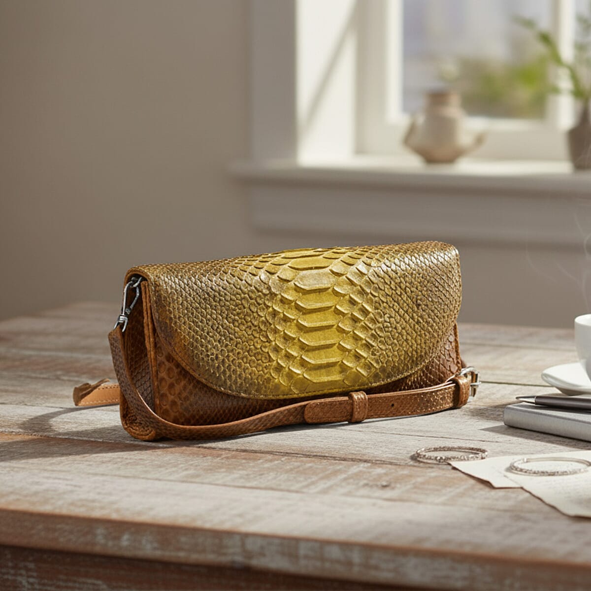 The Grand Pelle Handcrafted Gold Genuine Python Leather Crossbody Clutch Bag with Shoulder Strap image number 1