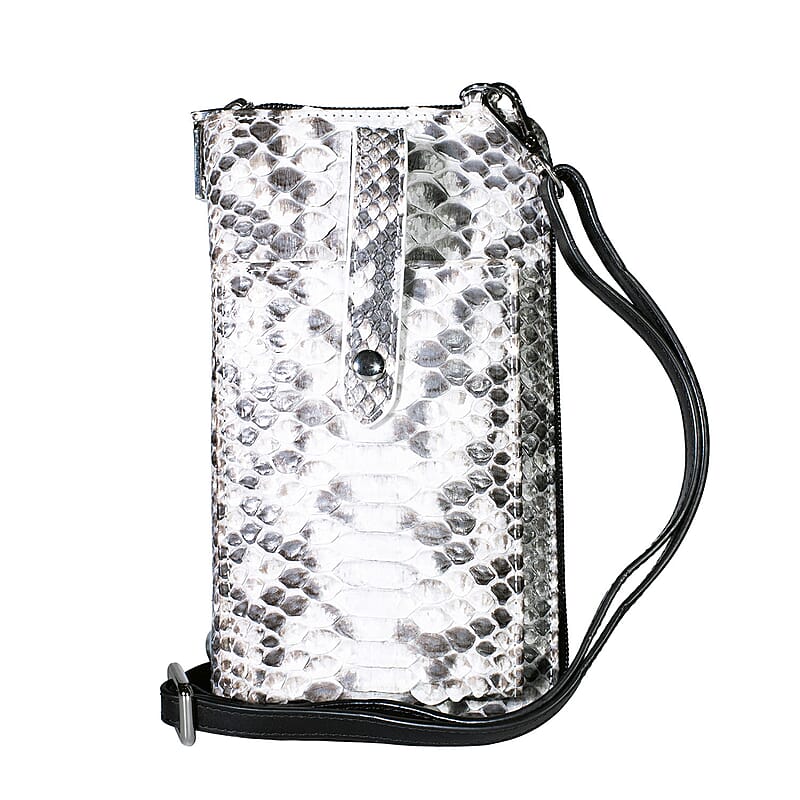 Grand Pelle Natural Genuine Python Leather Zip Clutch with Snap Pocket