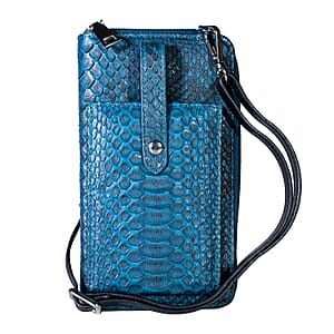 Grand Pelle Blue Genuine Python Leather Zip Clutch with Snap Pocket