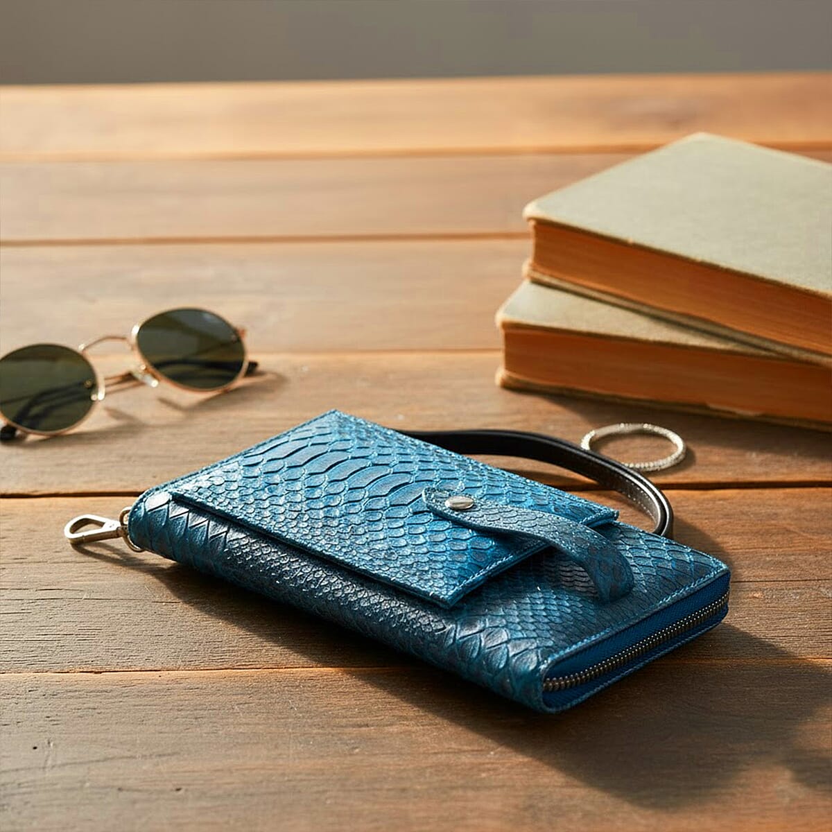 Grand Pelle Blue Genuine Python Leather Zip Clutch with Snap Pocket image number 1