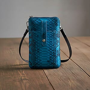 Grand Pelle Blue Genuine Python Leather Zip Clutch with Snap Pocket