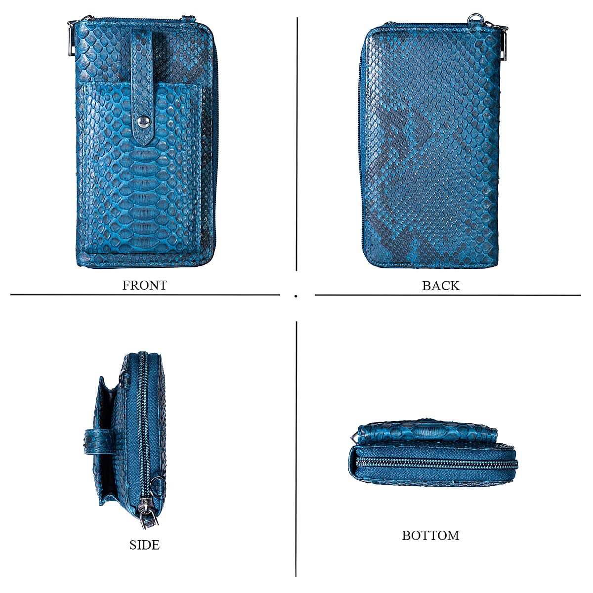 Grand Pelle Blue Genuine Python Leather Zip Clutch with Snap Pocket image number 3
