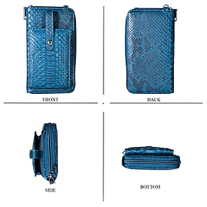 Grand Pelle Blue Genuine Python Leather Zip Clutch with Snap Pocket
