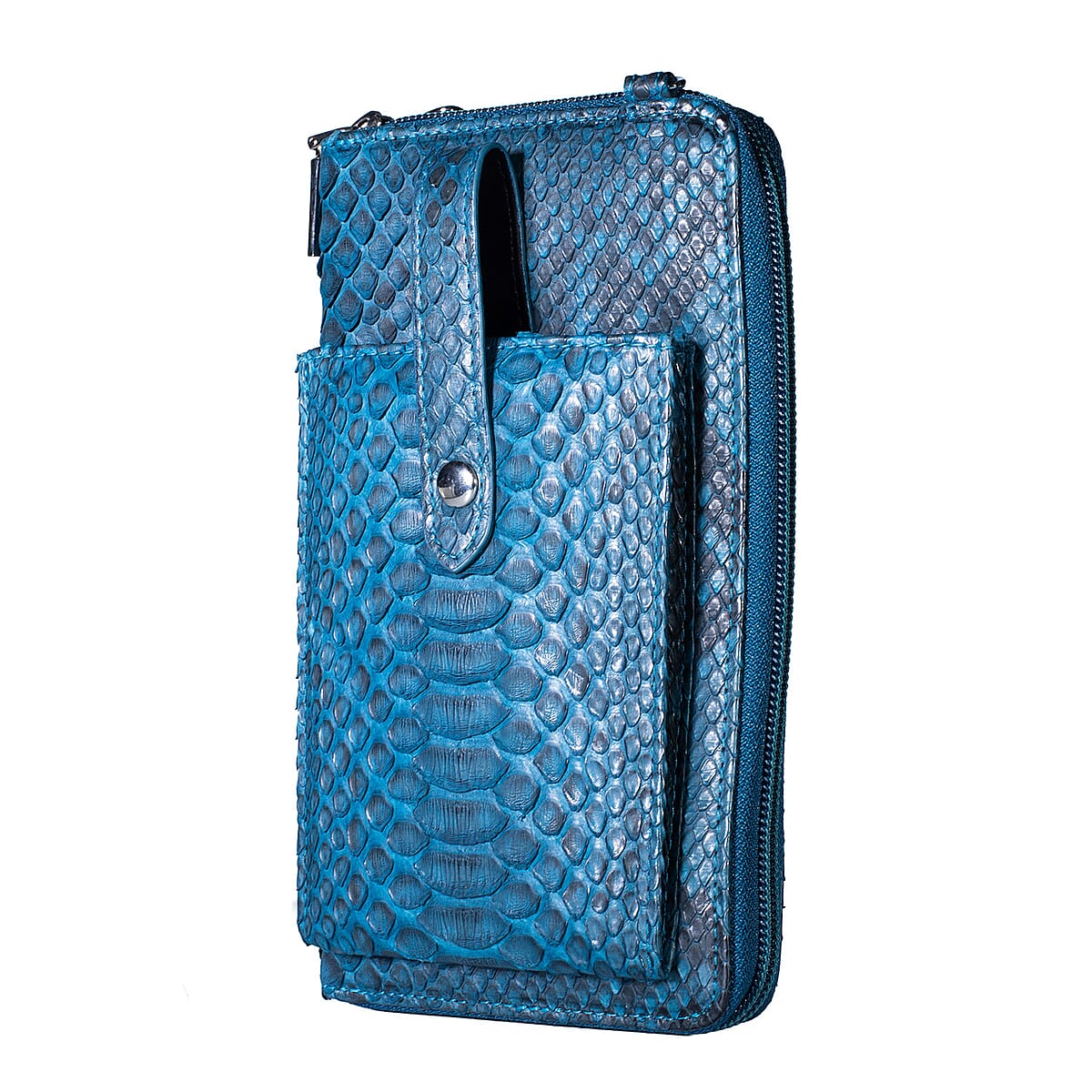 Grand Pelle Blue Genuine Python Leather Zip Clutch with Snap Pocket image number 4