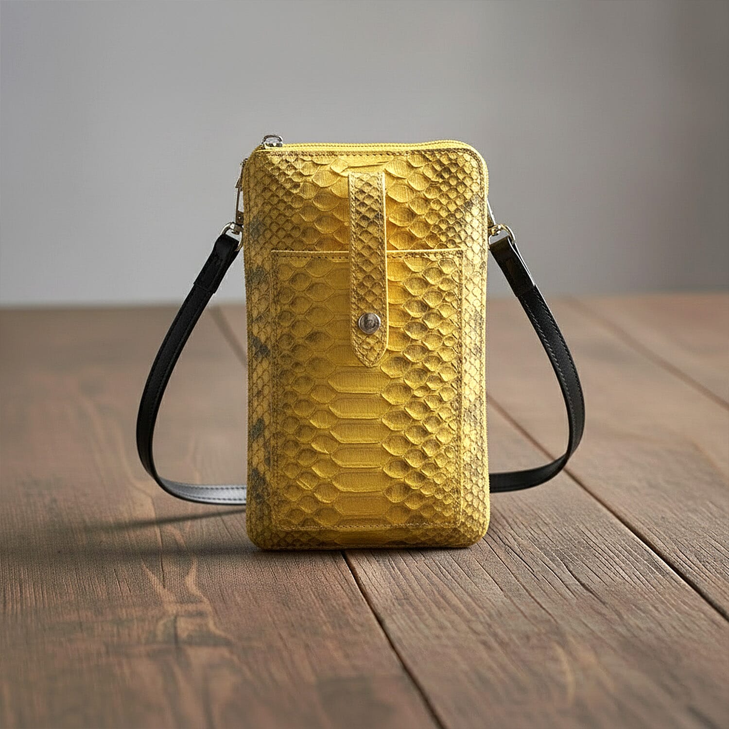 The Grand Pelle Gold Genuine Python Leather Zip Clutch with Snap Pocket