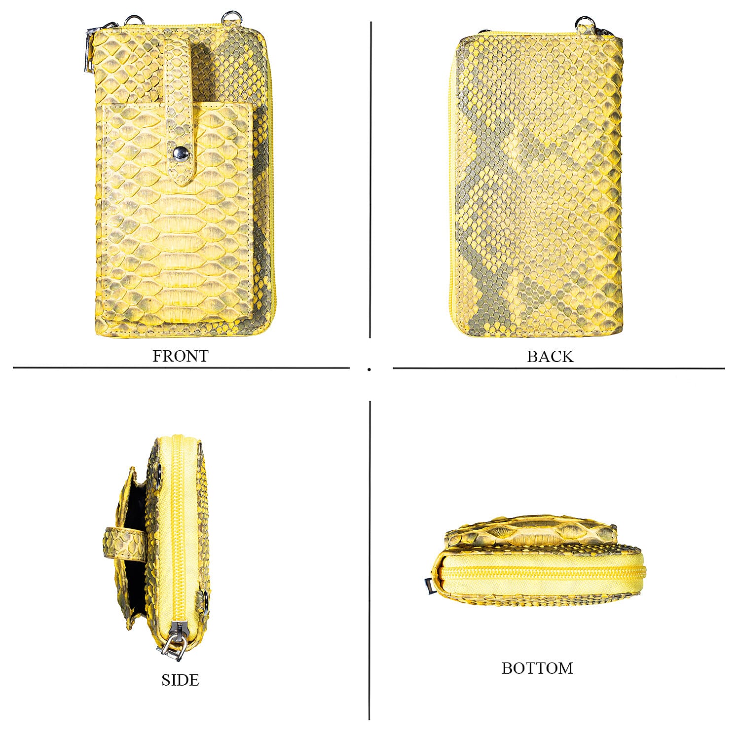 The Grand Pelle Gold Genuine Python Leather Zip Clutch with Snap Pocket