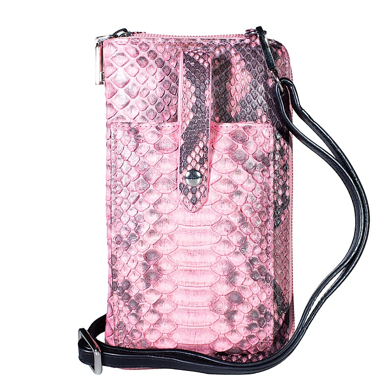 Grand Pelle Pimk Genuine Python Leather Zip Clutch with Snap Pocket