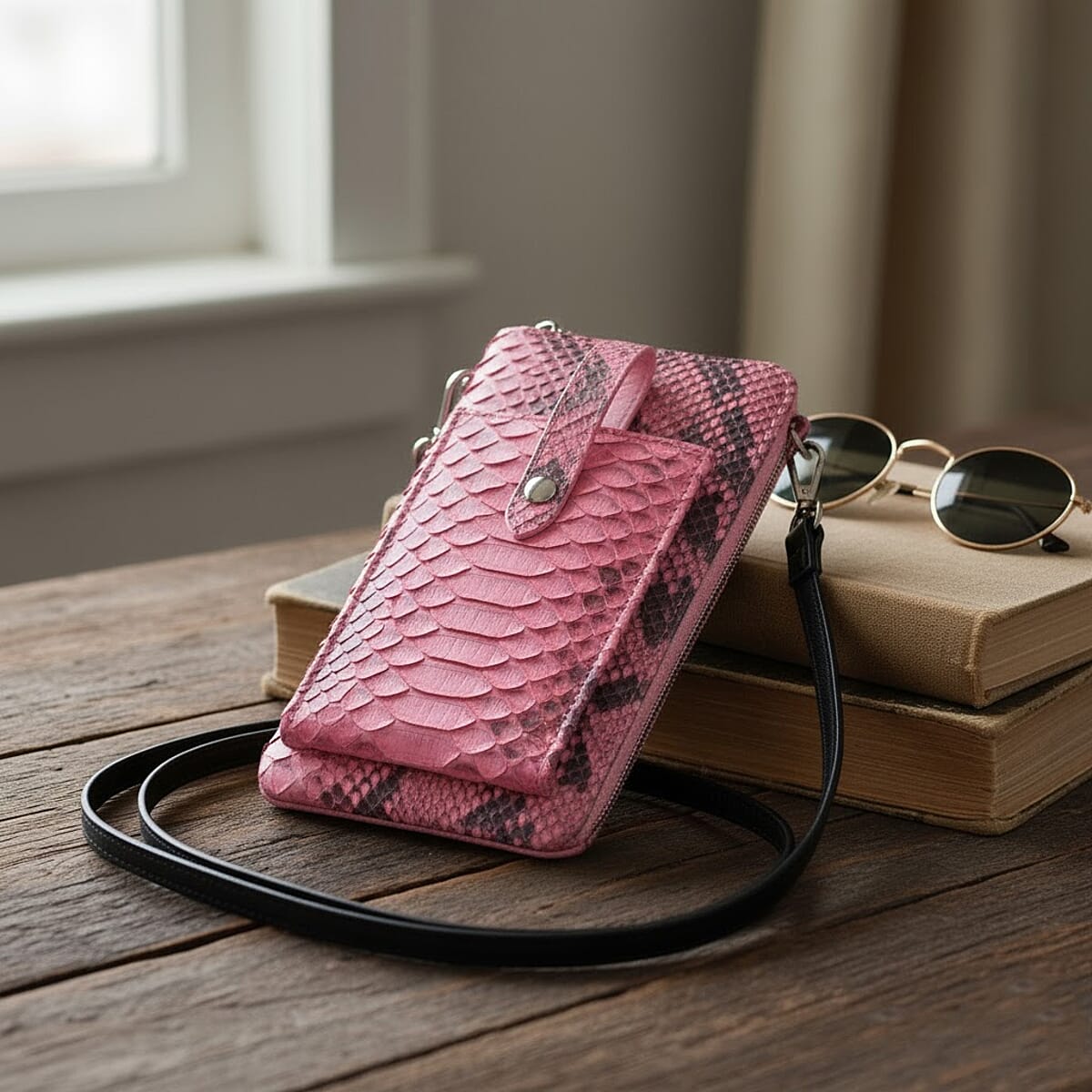 Grand Pelle Pimk Genuine Python Leather Zip Clutch with Snap Pocket image number 1