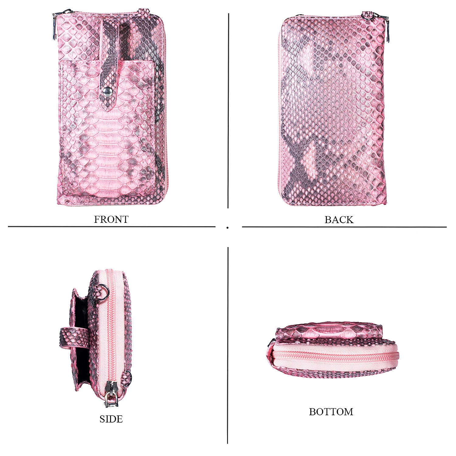Grand Pelle Pimk Genuine Python Leather Zip Clutch with Snap Pocket
