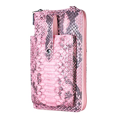 Grand Pelle Pimk Genuine Python Leather Zip Clutch with Snap Pocket
